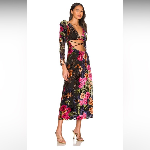 Cut Out Flocked Velvet Dress in Black Multi - Picture 3 of 11